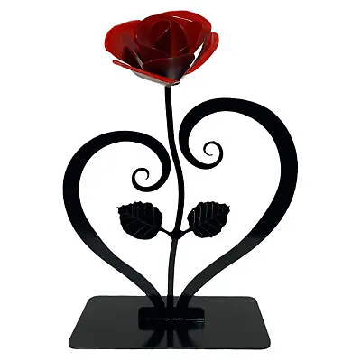 Red Metal Rose With Heart-Shaped Stand Iron Anniversary Gift Metal Rose Sculptur • £22.59