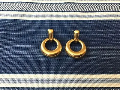 Vintage Monet Drop Hoop Pierced Stud Earrings Gold Tone 1  • $19.50