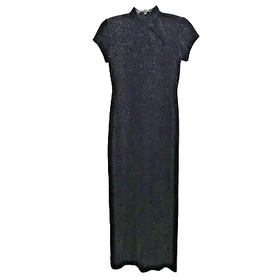 VTG Black Velvet Sparkle Mandarin Maxi Dress Size 4 P Keyhole Cheongsam Gown • £38.60
