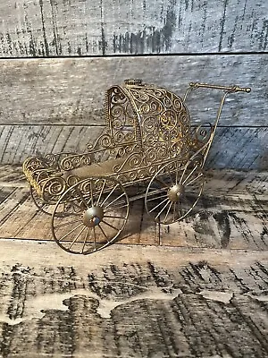 VTG Gold Metal Doll Buggy Stroller Baby Carriage Display W Baby By Roman Rare • $49.95