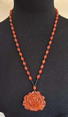 26” Red Orange & Black Acrylic Beaded Rose Pendant Necklace • $8.40