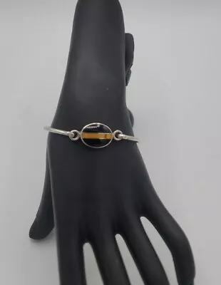 Cats Eye Black Onyx Sterling Silver Tension Bracelet Mexico .925 Vintage • $28