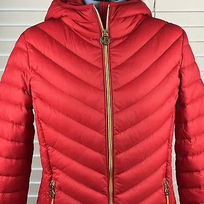 Michael Kors Jacket Women's Small Red Packable Down Fill Hooded Puffer Casual • $44.44