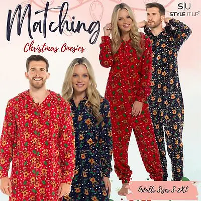 Unisex All In One Christmas Hooded Pyjamas Xmas Loungewear Couples Matching PJs • $32.83
