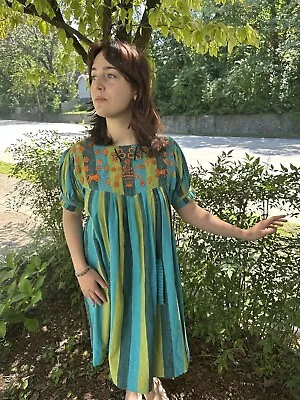 Vintage 1970s TIPICANO MEXICAN Dress Embroidered Josefa Handmade Cotton Size S M • $125