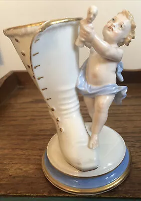 $65 • Buy Antique Vintage Porcelain Vase W/ Cherub Figure  Waving Doll High Button Shoe