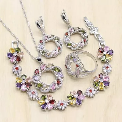 925 Sterling Silver Semi Precious CZ Multi Stone Pearl Women Wedding Set • £25.99