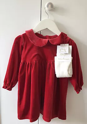 M&S Red Velvet Dress Set With Cotton Rich Tights 9-12 Months New • £9.99