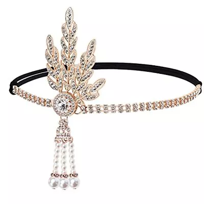 1920's Flapper Headband Leaf Rhiestones Gatsby Headpiece Pearl Tassel Bride Wedd • $15.88