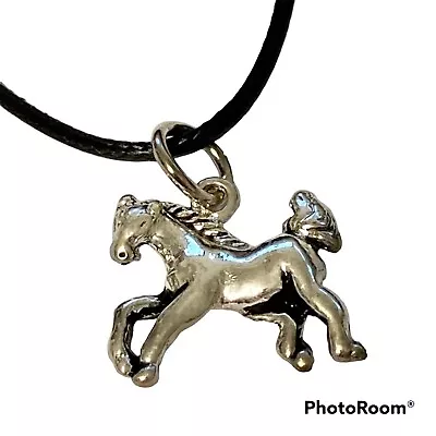 Mustang Horse Necklace Silver Plated Charm Country Western 18  Cowgirl BlackCord • $7.99