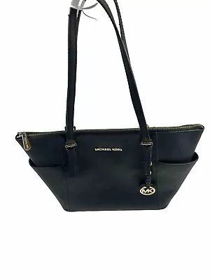 Michael Kors Jet Set EW Top Zip Leather Tote Bag Black Saffiano Gold Hardware • $46.97