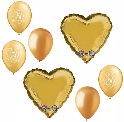 Happy 50th Anniversary Gold Heart 7 Pc Party Bouquet Decorations Balloons Set • $6.99