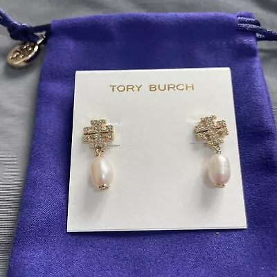 Tory Burch Rose 18k Gold Plate Kira Pearl Pave Drop Earrings NEW • £50