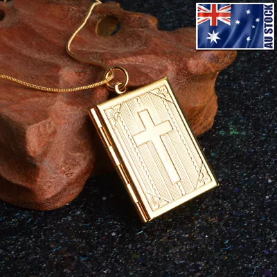 18K Yellow Gold GP Jesus Cross Crucifix Photo Locket Pendant Necklace Men Women • $6.92