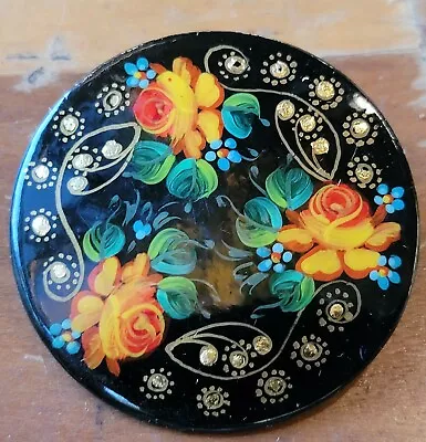 Antique Russian Lacquer Flowers Round Brooch Pin Made In Russia  Signed • $12.23