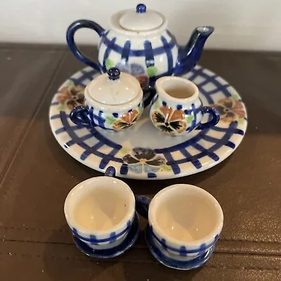 10 Piece Miniature Tea Set White With Blue And Gold Flowers Unbranded Free Ship • $12.99