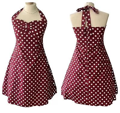 8 10 12 14 16 18 RED WHITE POLKADOT 1950s VINTAGE HALTER DRESS RETRO ROCKABILLY • $35.62