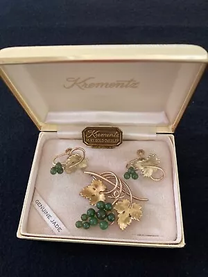 Rare Vintage Krementz Genuine Jade And 14K Gold Overlay Pin And Earrings • $256