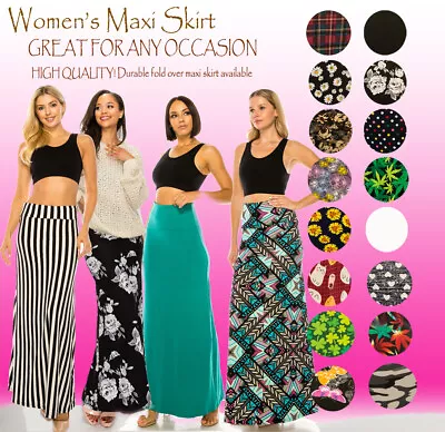 Women's Long Maxi Skirt – Casual Fold Over Elastic Waistband_Soft_Flared Skirt • $16.98