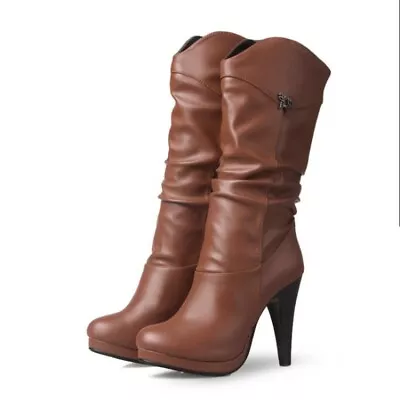 Women's Western Cowboy Round Toe 10.5cm Heel Mid Calf High Boots Outdoor 53 54 D • $49.19