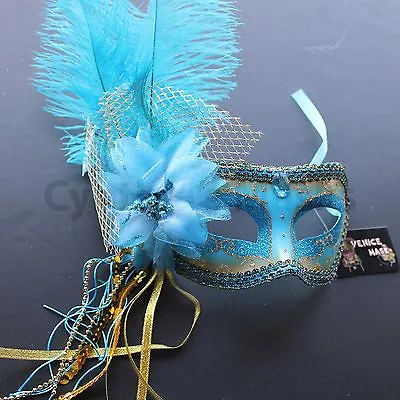 Turquoise Venetian Masquerade Mask W/Ostrich Feathers Party Prom Mardi Gras • $6.99
