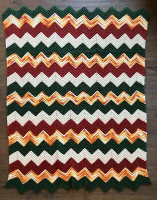 Vintage MCM Crochet Chevron Throw Blanket 44 X54  Afghan Zig-Zag Mid-Century • $19.99