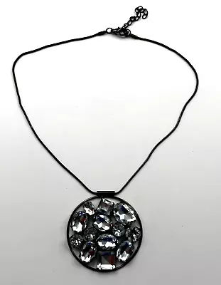 CRYSTAL Rhinestone Medallion Pendant Statement Necklace Circle Black • $15
