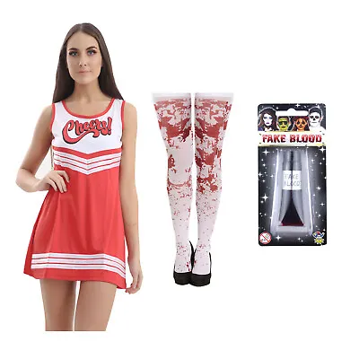 Ladies Girl Zombie Cheerleader Halloween Fake Blood Stocking Fancy Dress Costume • £7.70