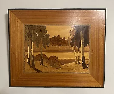 VTG Marquetry Inlaid Wood Landscape Picture Art Birch Trees Marqueterie Inlay • $60