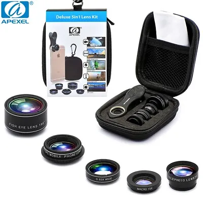 APEXEL 5 In 1 Phone Camera Lens Kit Macro&Fish Eye&Wide Angle For IPhone Android • £15.99