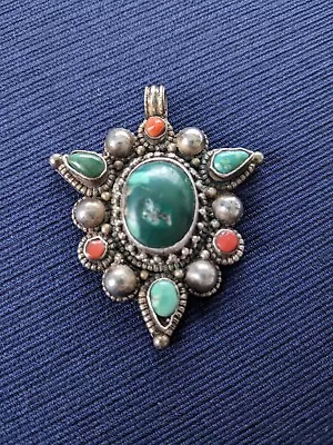 Vintage Tibetan Turquoise Coral Silver Pendant Estate • $99.95