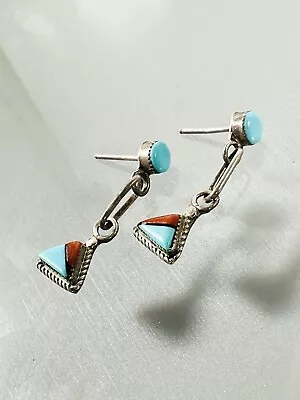 Vintage 925 Silver Dainty Southwestern Turquoise Coral Inlay Dangle Earrings • $29.50