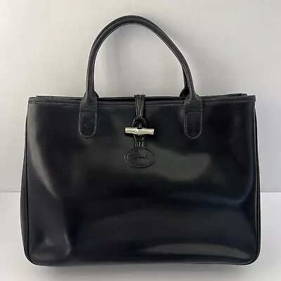 Longchamp Roseau Cowhide Leather Handbag Black Vintage Made In Paris France READ • $55