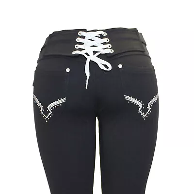 Womens New Big Size Black Stretchy Lace Up Jegging Jeans Leggings UK Size 8-24 • £20.99