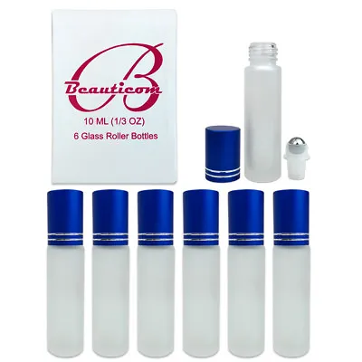 6pcs 10ML Frosted Glass Roller Bottles With Stainless Steel Ball And Blue Cap • $6.49