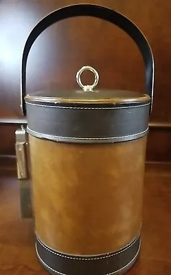 Vtg MCM Ice Bucket Barware Brown Padded Vinyl Silver Tone Ring Shape Handle • $25.50