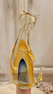Murano Sommerso Art Glass Cat Orange/Blue Large Glass Figure 10  • $31