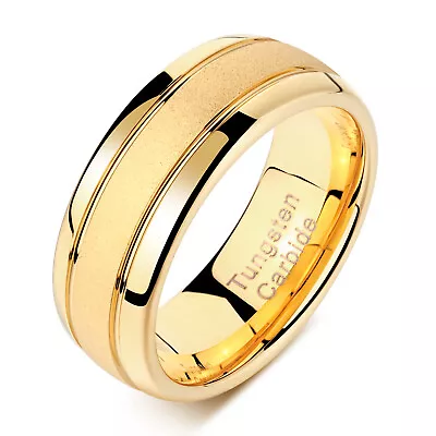 Tungsten Carbide Wedding Bands For Men 8MM 14K Gold Finish Grooved Size 7-13 • $18.99