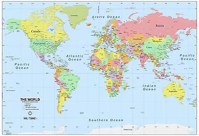 World Map AtlasGeographyPolitical Poster Print  A0-A1-A2-A3-A4-A5-A6-MAXI 144 • £4.99