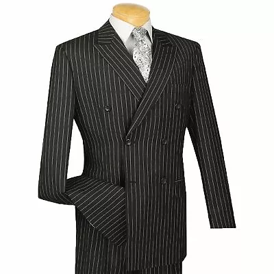 VINCI Men's Black Pinstripe Double Breasted 6 Button Classic Fit Suit NEW • $100