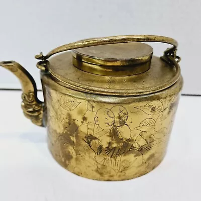 Brass Teapot Double Handle Flower Etched Orient Curved Spout 5  Round 1NIH • $18.99