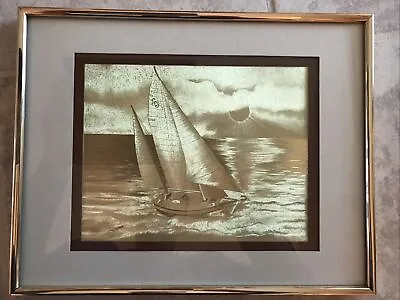 OPTICAL ILLUSIONARY ART Gold Foil Sailboat MANIFESTATIONS INC Mat & Frame 1984  • $24.99