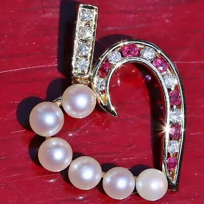14k Yellow Gold Pendant 0.33ct Pearl Ruby Diamond Open Heart Charm Vintage 2.7gr • $675