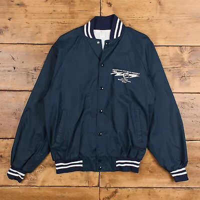 Vintage Varsity Jacket L 80s Bomber Raglan USA Made Blue Snap • £37.99
