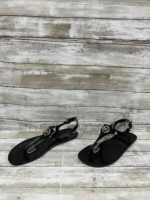 Michael Kors Gold MK Logo Black Jelly Thong Jet Set Ankle Strap Sandals Sz 8M • $39.77