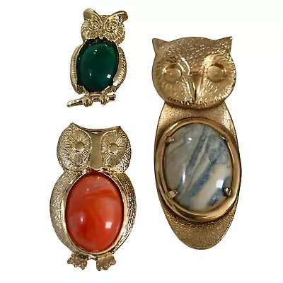 Stony Owls - Vintage Gold Tone Acrylic Cabochon-Bellied Owl Pins/Brooches • $2.25