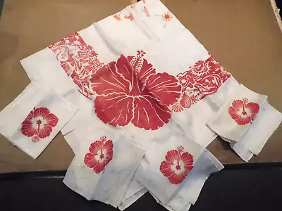 Vintage Tablecloth & 4 Napkins- Map Of Hawaii Design-Red & White Acetate • $21