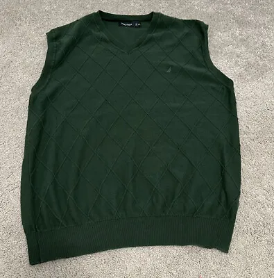 Nautica Mens Sweater Vest Large Green Knit Argyle Diamond Cotton V Neck Golf • $11.50