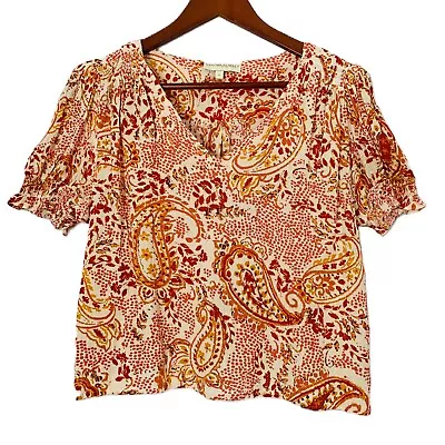 Cynthia Rowley Blouse Women Size Small Ivory Orange Paisley Crop Smocking Comfy • $18