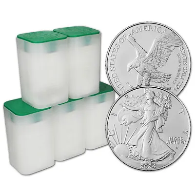 2024 American Silver Eagle 1 Oz $1 5 Rolls 100 BU Coins In 5 Mint Tubes • $3314.30